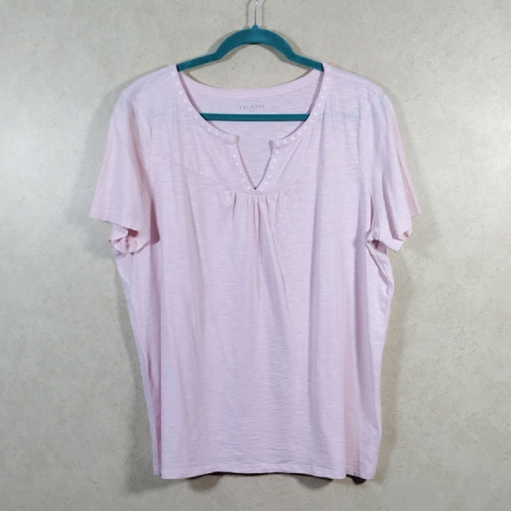 D182 Talbots pink cotton w/white embroidery v-neck tee 1X FINAL PRICE